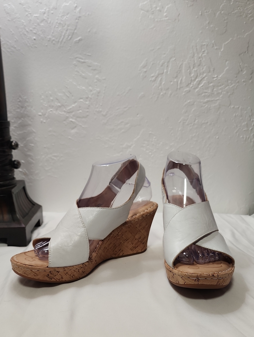Born White Leather Cork Wedge Sandals with Crisscross Straps